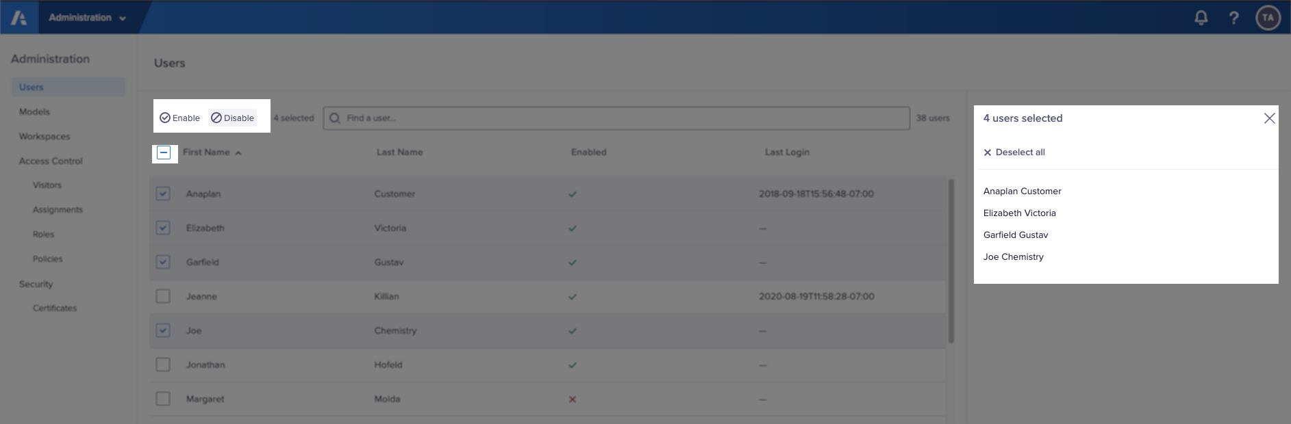 The Users interface with the Enable and Disable icons highlighted at the top. The topmost checkbox containing a hyphen is highlighted. The right-hand side panel displays and is highlighted with four selected users.