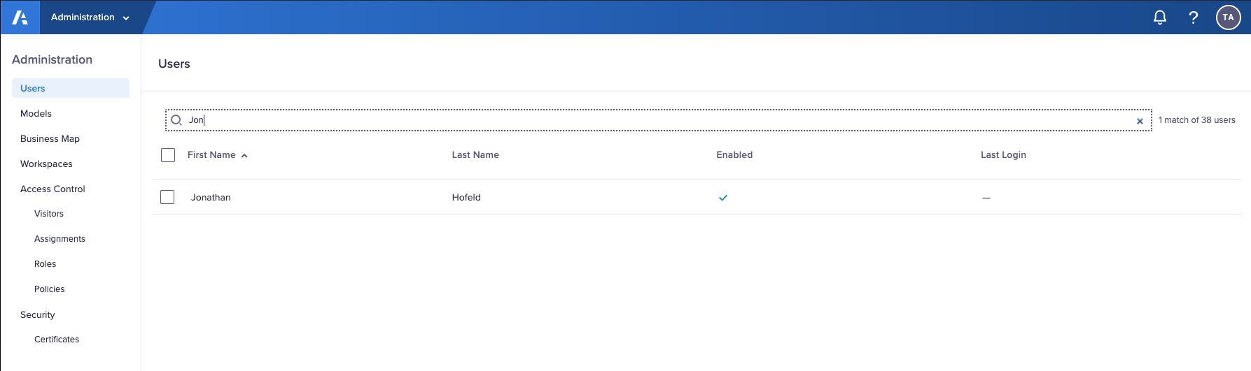 The search function in Users. The search is refined to display a single user whose name contains the entered characters.