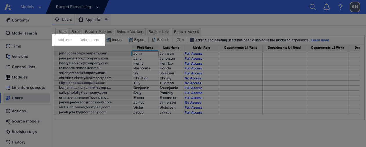 In a model, the Add user and Delete users features are disabled when the Limit adding and deleting users to user admins in Administration only switch is enabled.