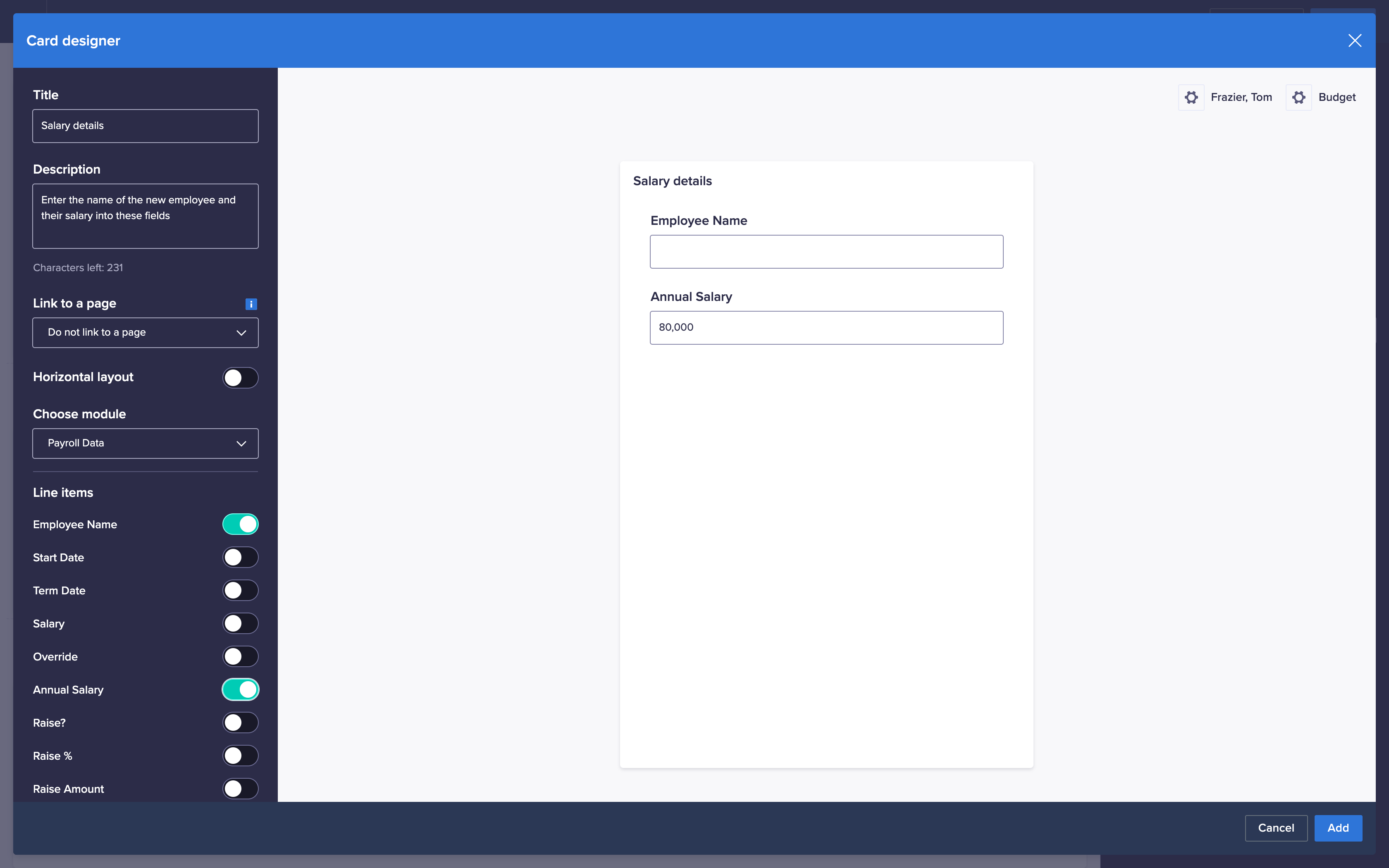 The card designer displays, with a menu panel on the left and a preview of the card on the right. Under the Line items heading on the left, Employee Name and Annual Salary are selected. In the preview, the selected fields display.