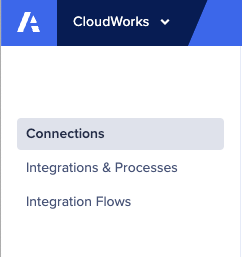 CloudWorks のメイン ナビゲーション ドロップダウン。統合フローが新しいアイテムです。