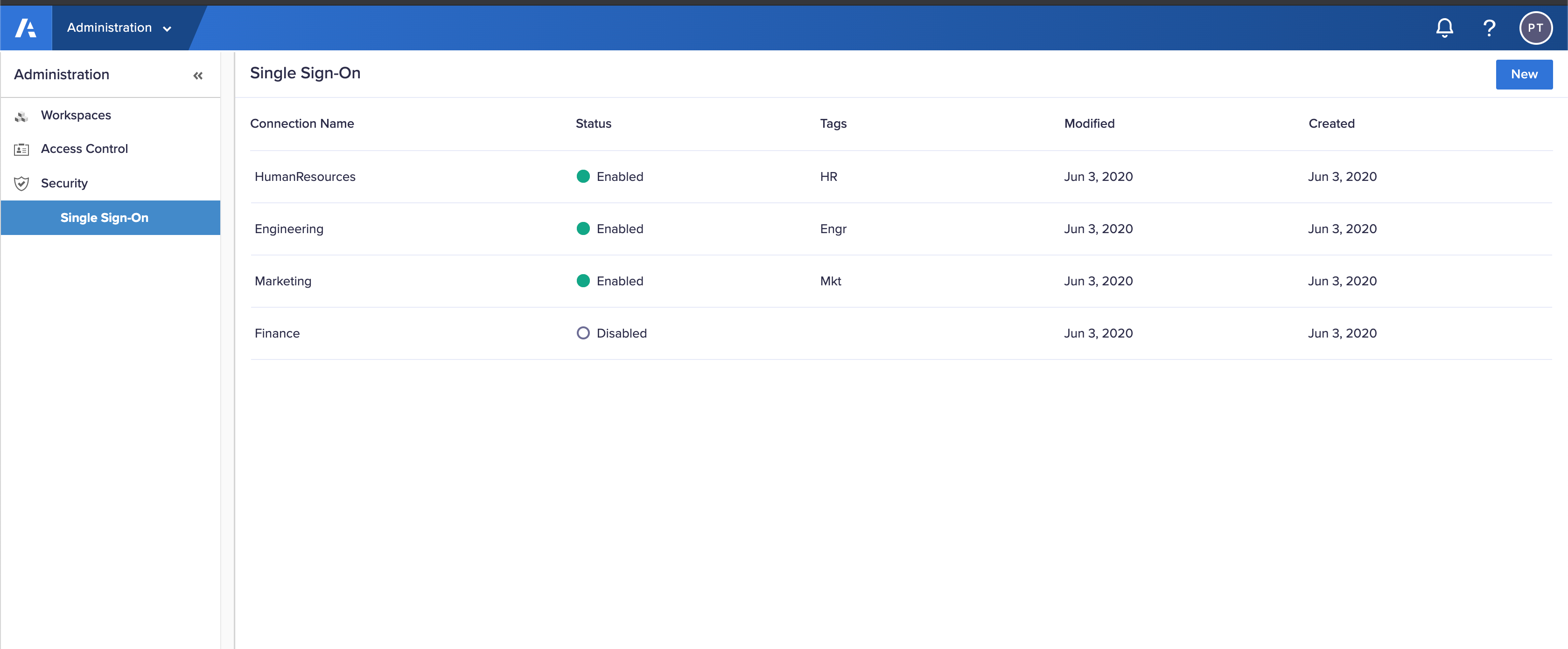 The Single Sign-On feature in the Administration console.  Connections display for Marketing, Engineering, HumanResources, and Finance.  Three of the connections display as enabled.