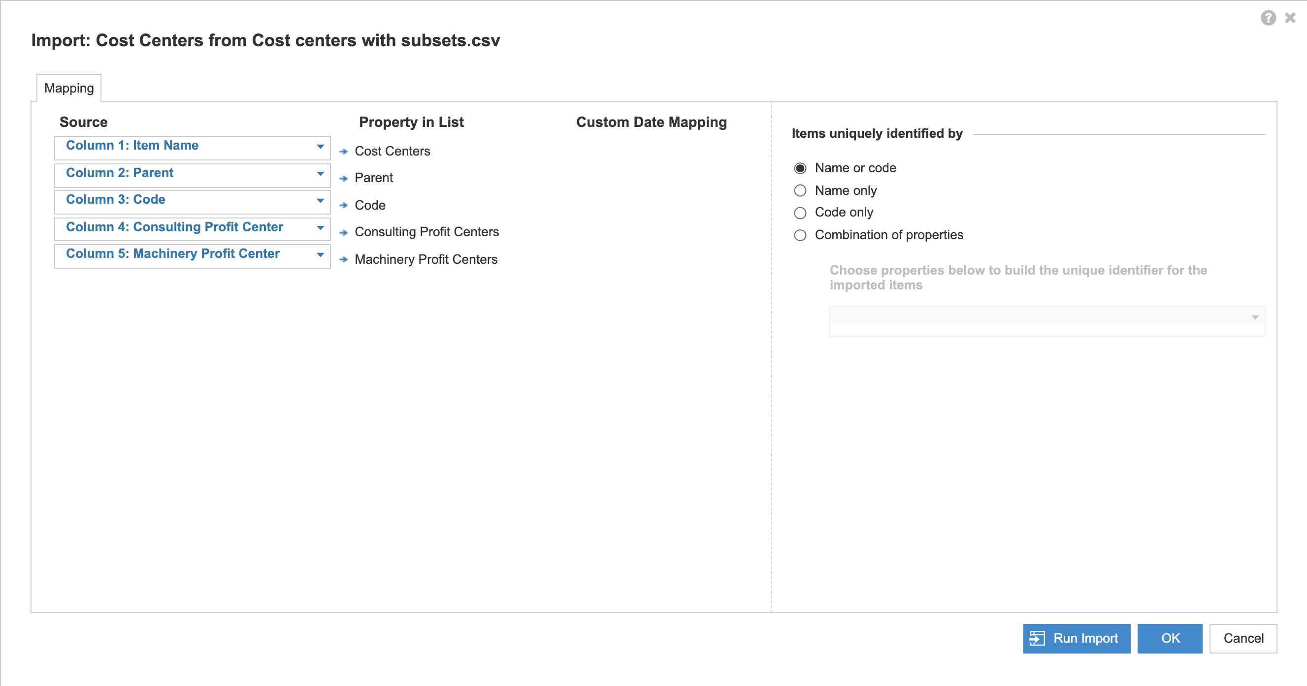 The mapping dialog that displays when you import data into a list. Each column from the source file is mapped to the appropriate property in the list.