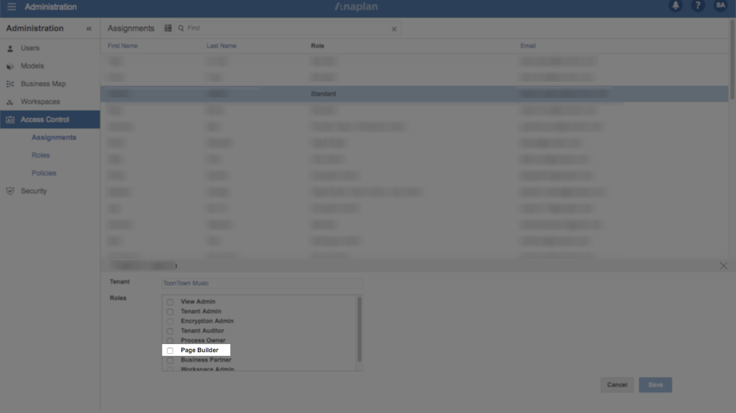 The Administration application. The Access Control option is selected in the left pane, and under that, Assignments. The list of users has been blurred out, but at the bottom of the page, within the Roles box, the Page Builder role and checkbox are highlighted.
