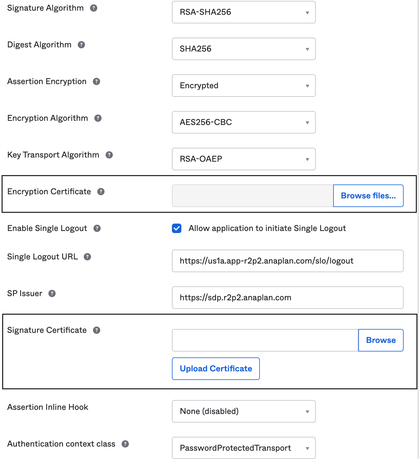 証明書をアップロードできる画面を示した、Okta ISP のサンプル スクリーンショット。