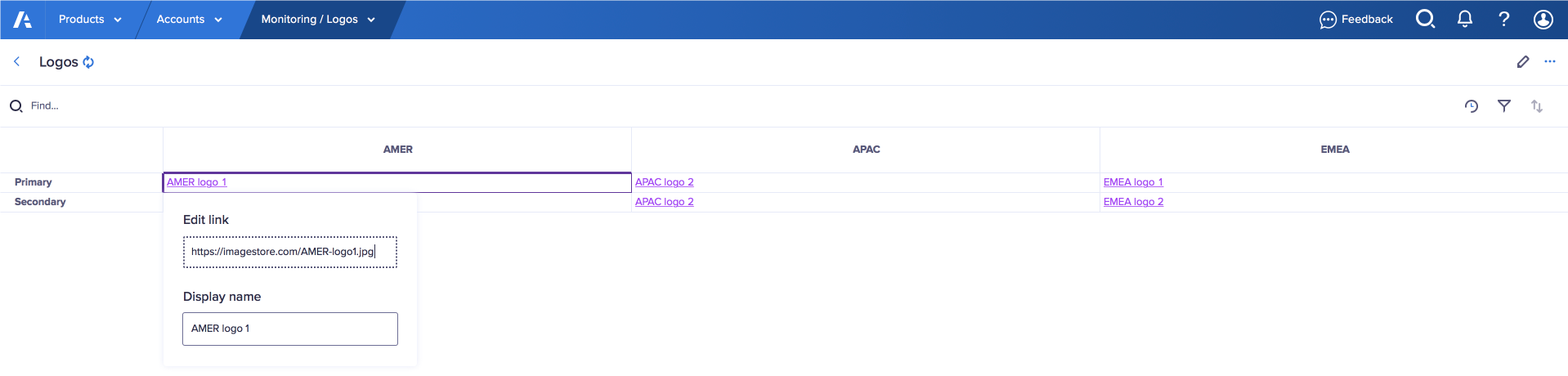 A grid with the title Logos. A cell with hyperlinked text is selected and a popover displays below with two fields: Edit link and Display name.