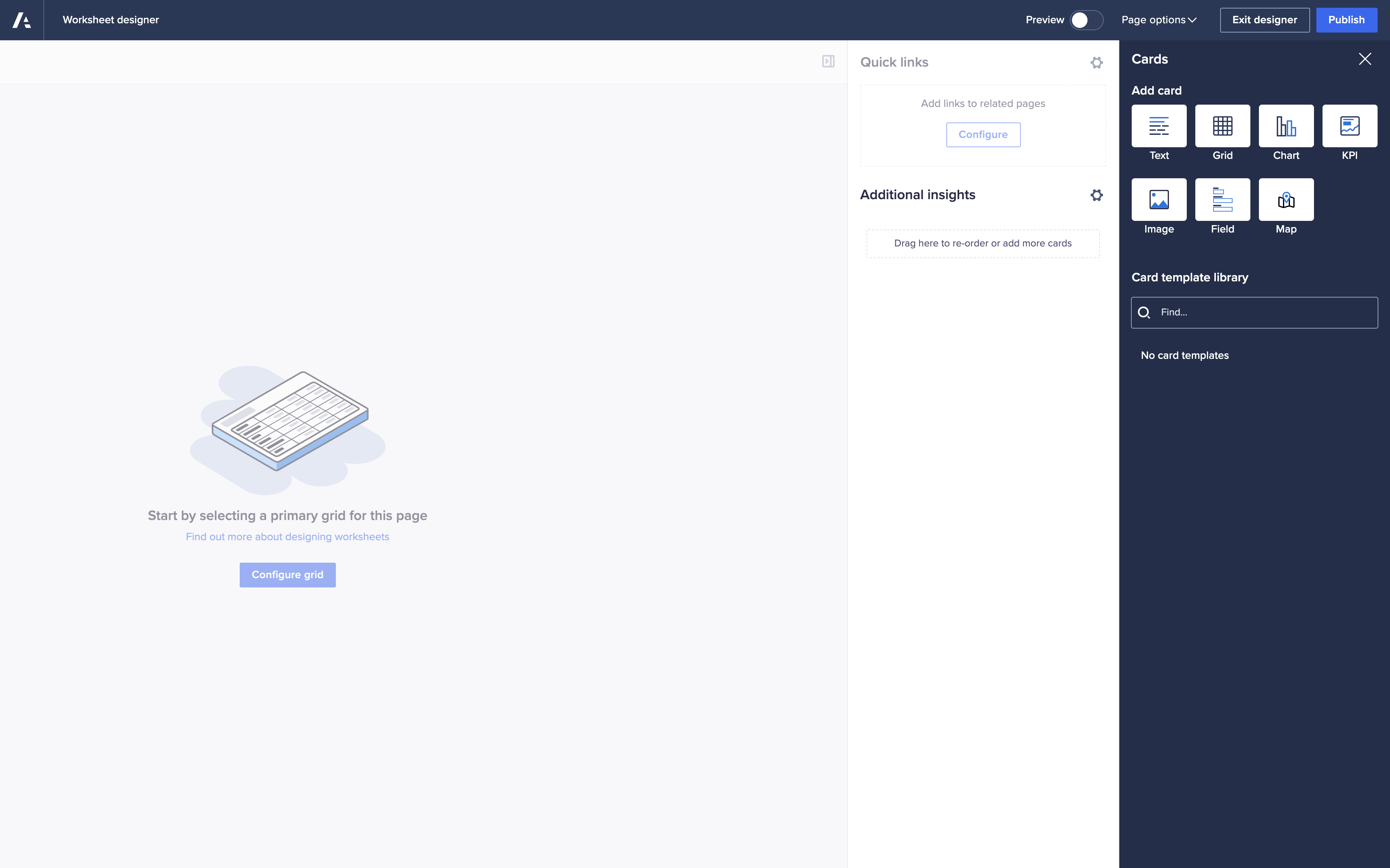 In a worksheet, the additional insights panel displays the available card options