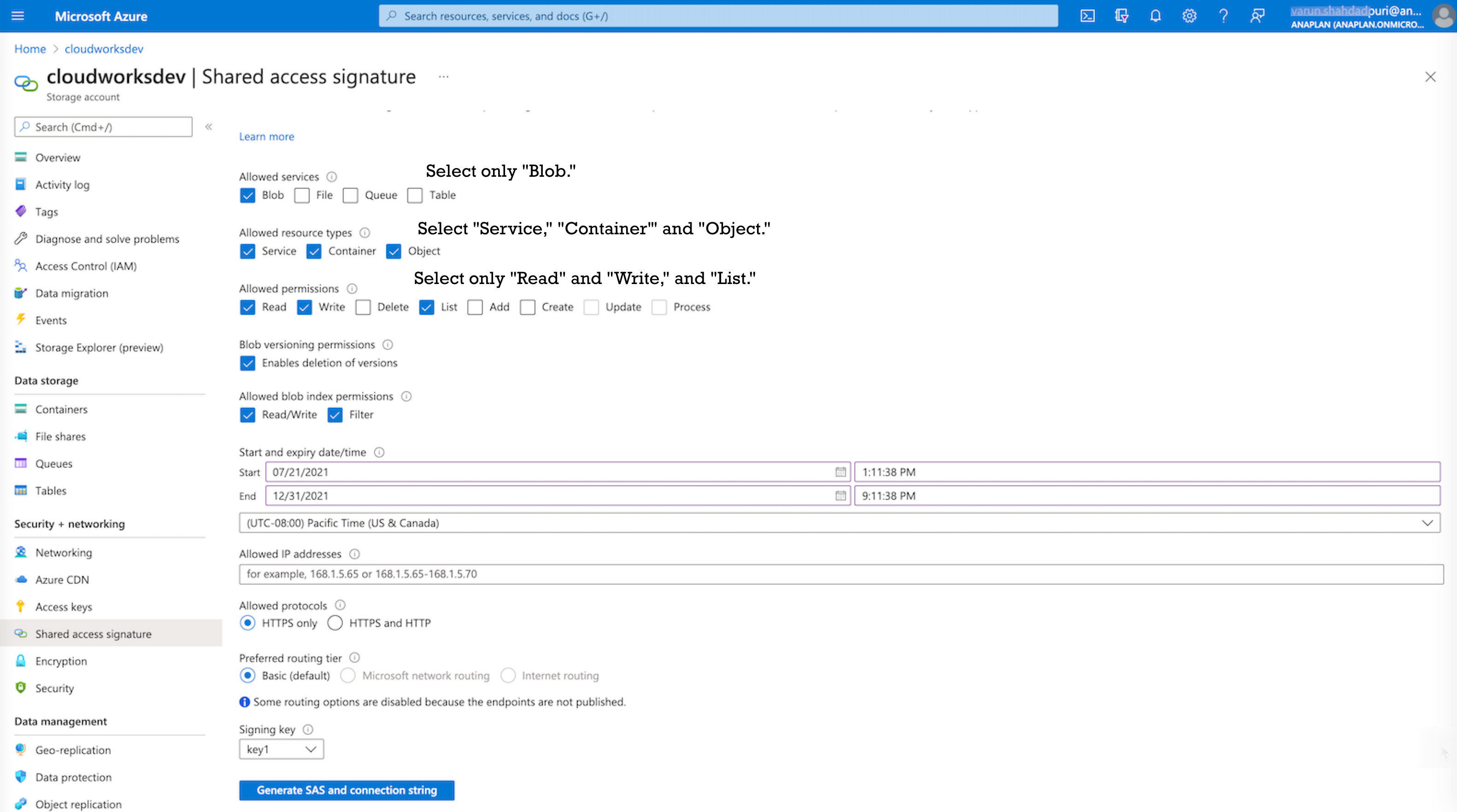 Azure dialog for account set up. Permissions display.