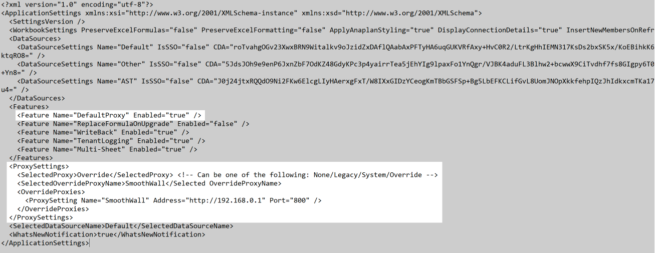 The settings file. The areas where the DefaultProxy and ProxySettings settings should be changed are highlighted.