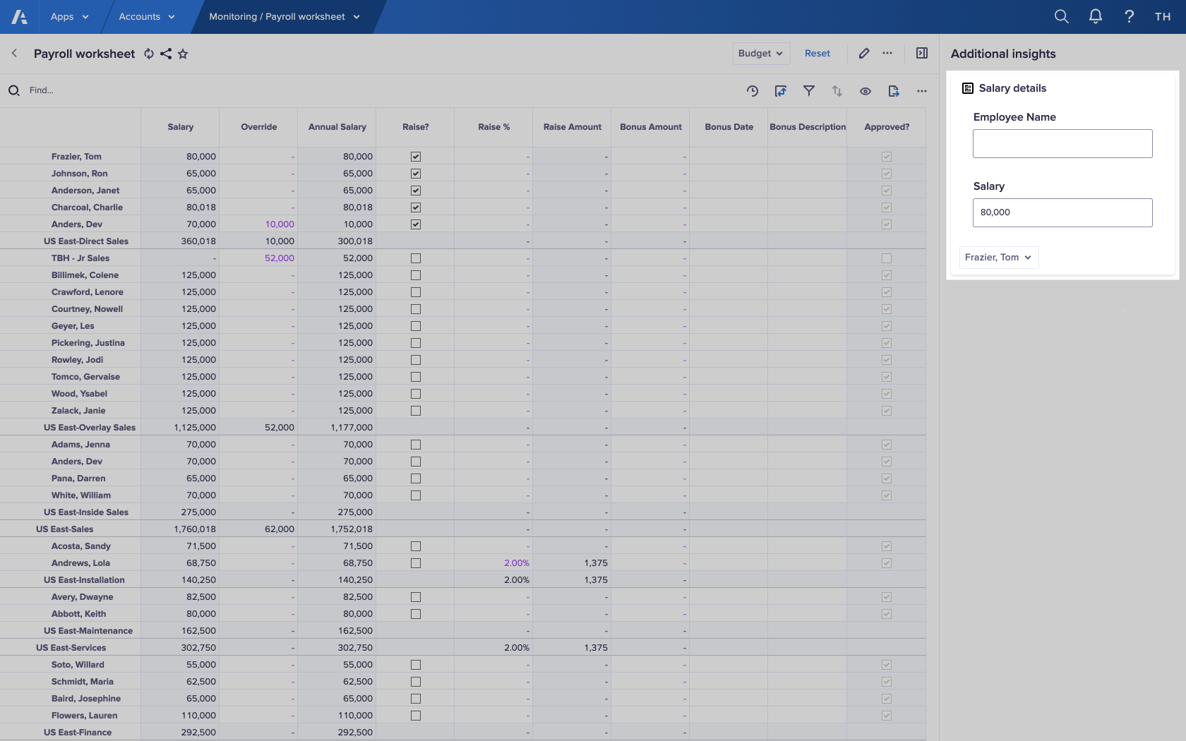 A worksheet displays with a grid and a field card. The grid is titled Payroll worksheet. The field card is labelled Salary details and has fields for Employee Name and Annual Salary.