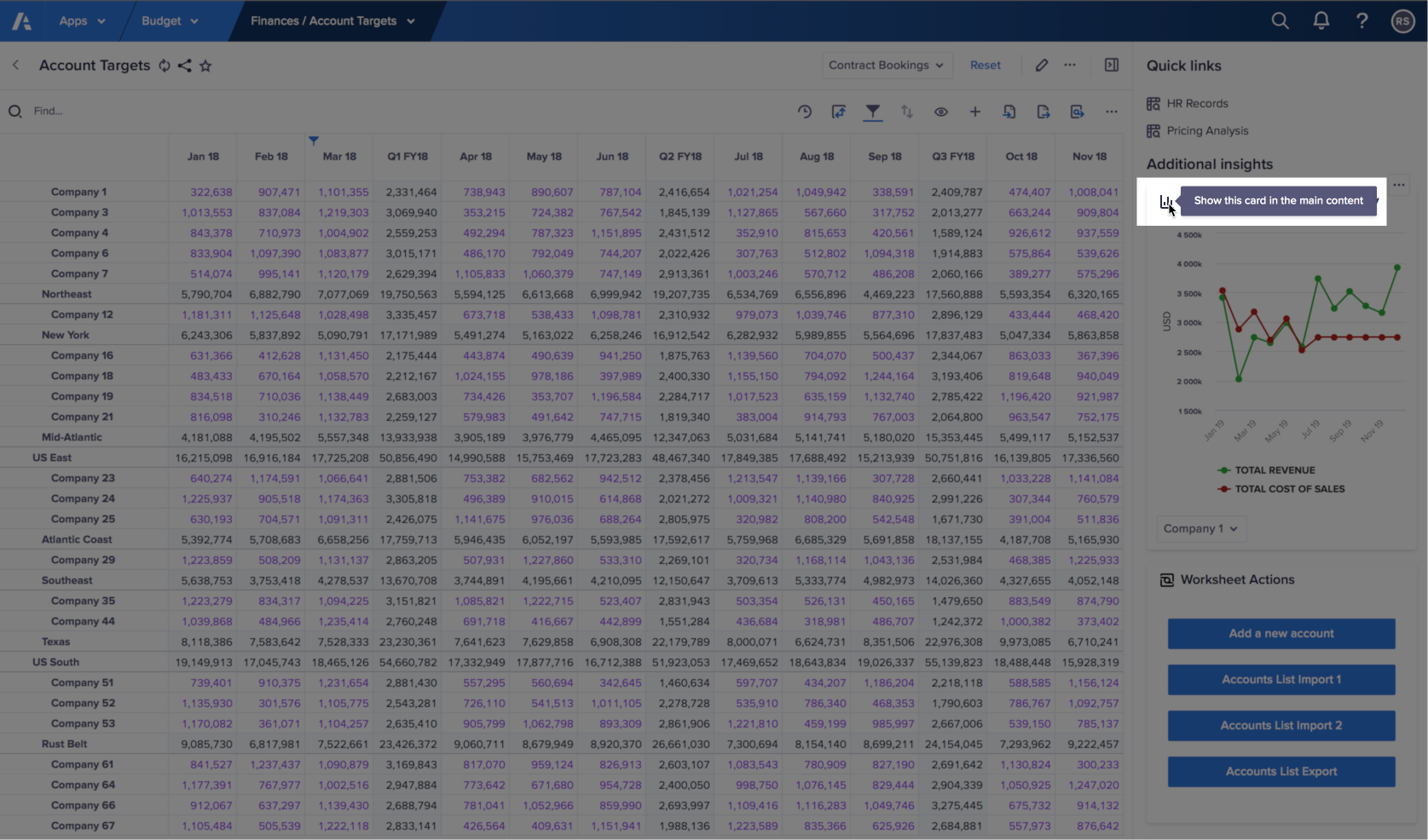 A worksheet with a grid and cards in the Additional insights panel. A cursor hovers over the icon in the top-left corner of a chart card. A tooltip displays and reads: Show this card in the main content. The icon and tooltip are highlighted.