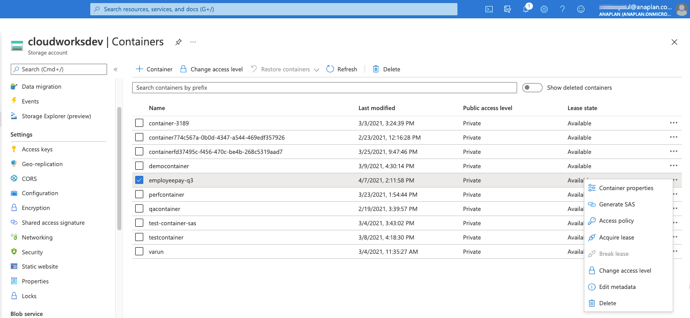 Azure container list with the ... ellipse drop-down list displayed.