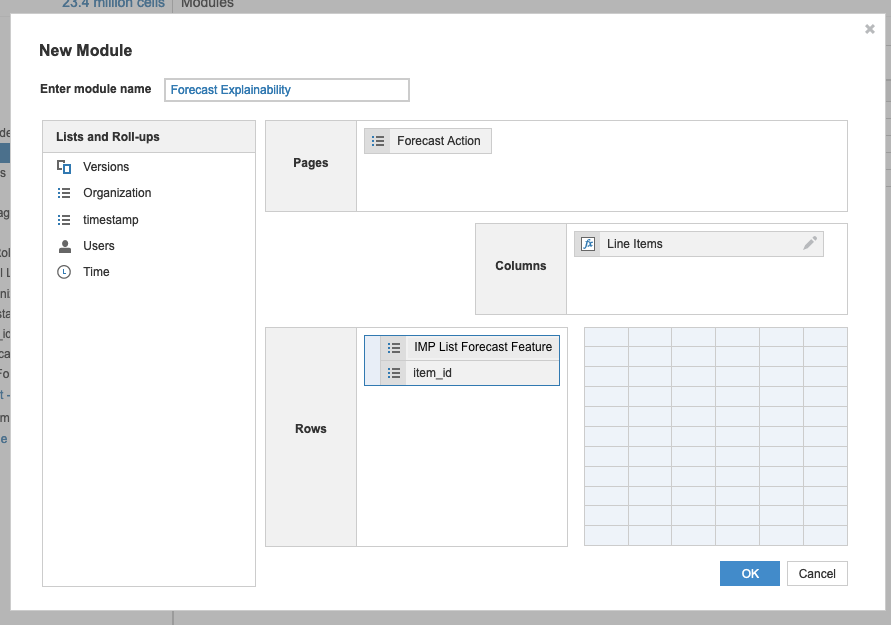 Dialog to create a new module. It shows the dimensions to be set, Pages, Columns, and Rows.