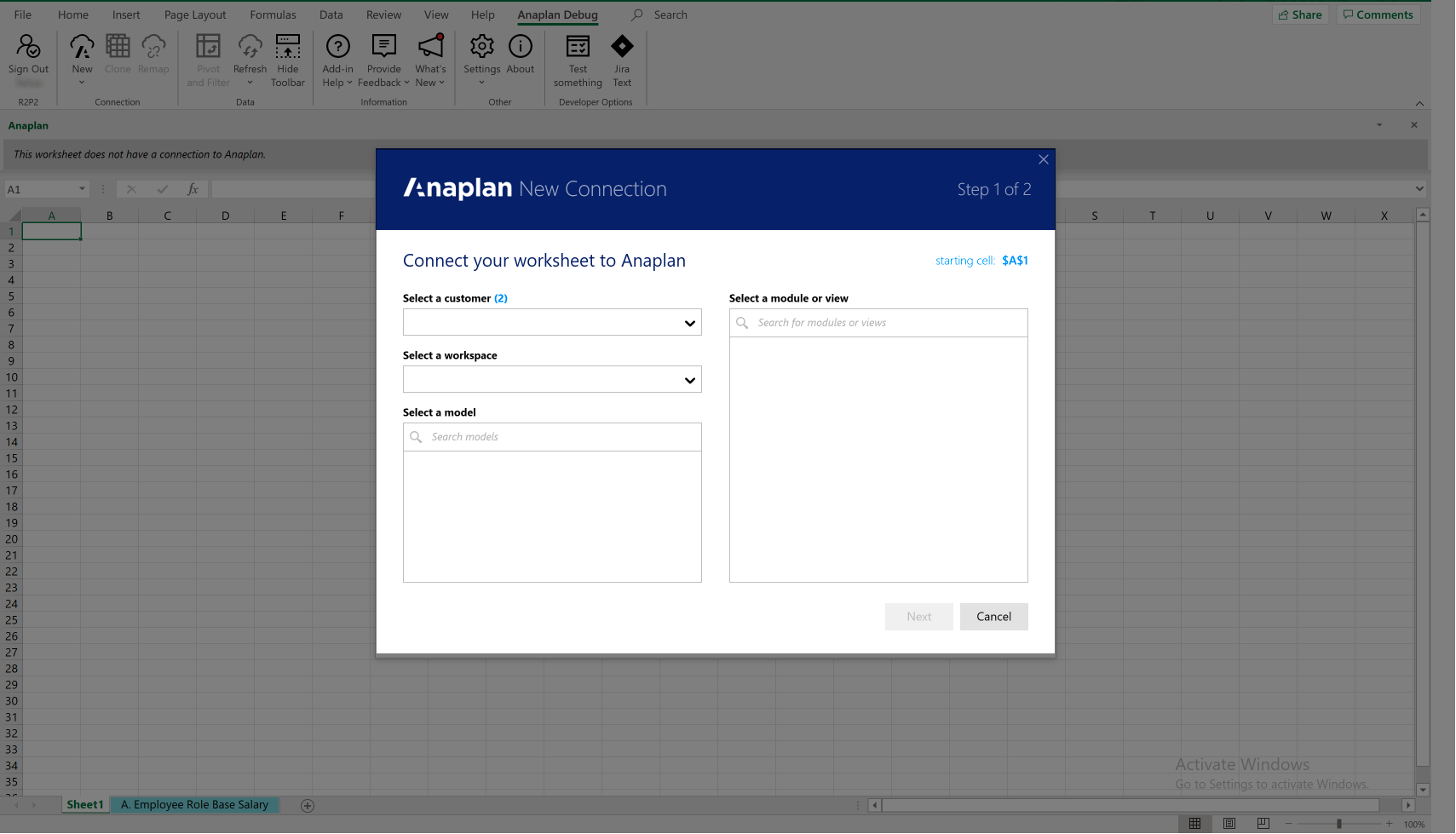 Use the New Connection dialog to connect to an Anaplan module or saved view. 