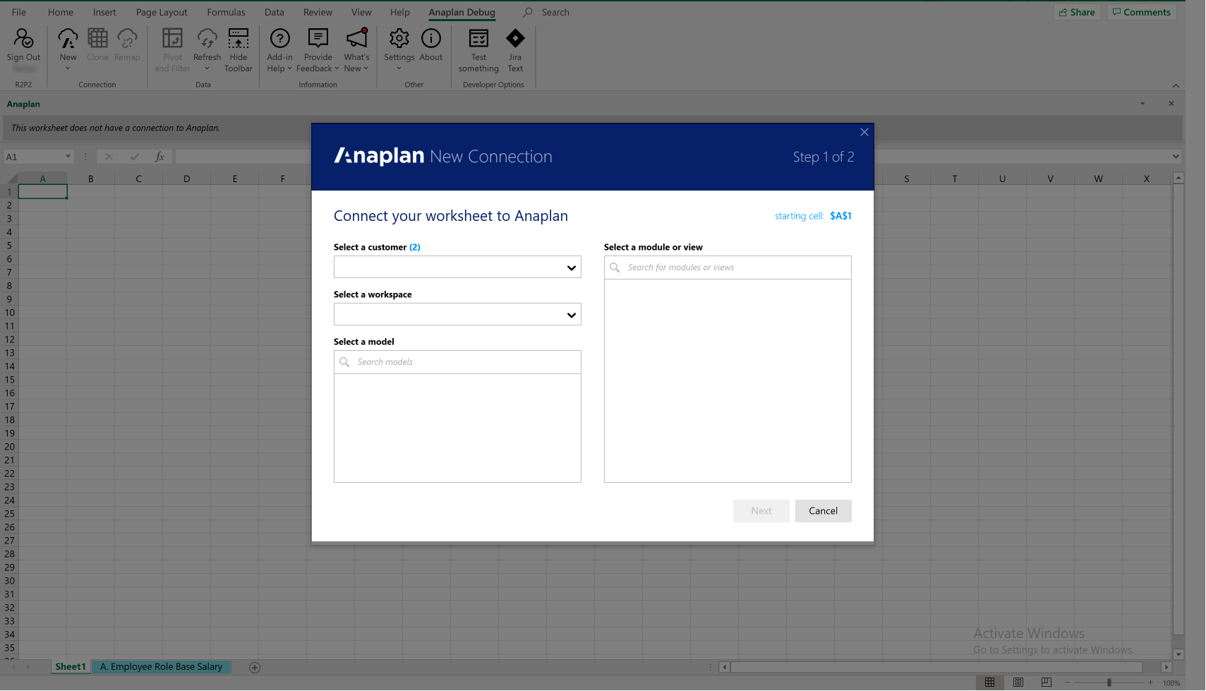 [New Connection] ダイアログを使って Anaplan モジュールか保存済みビューに接続します。