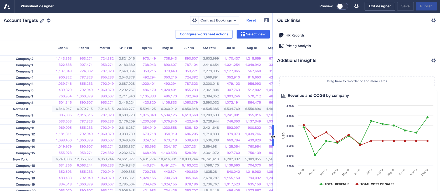 A worksheet open in Worksheet designer. The Insights panel displays wider than the minimum width.