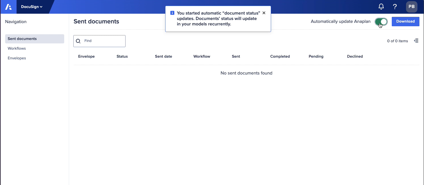 Screenshot of the DocuSign send documents view highlighting the automatically update Anaplan feature button