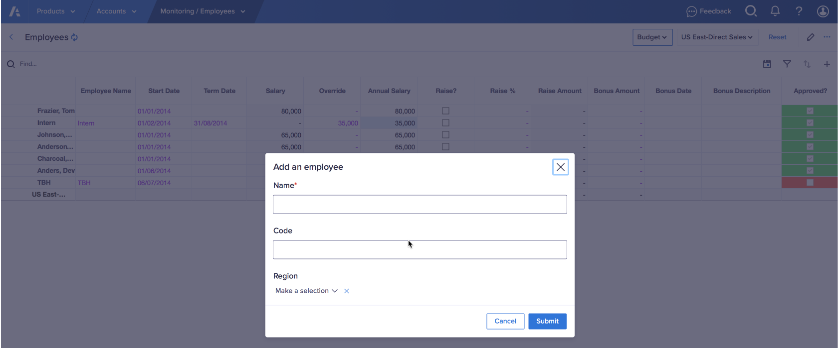 A form displaying input fields for Name and Code, and a drop-down menu for Region.