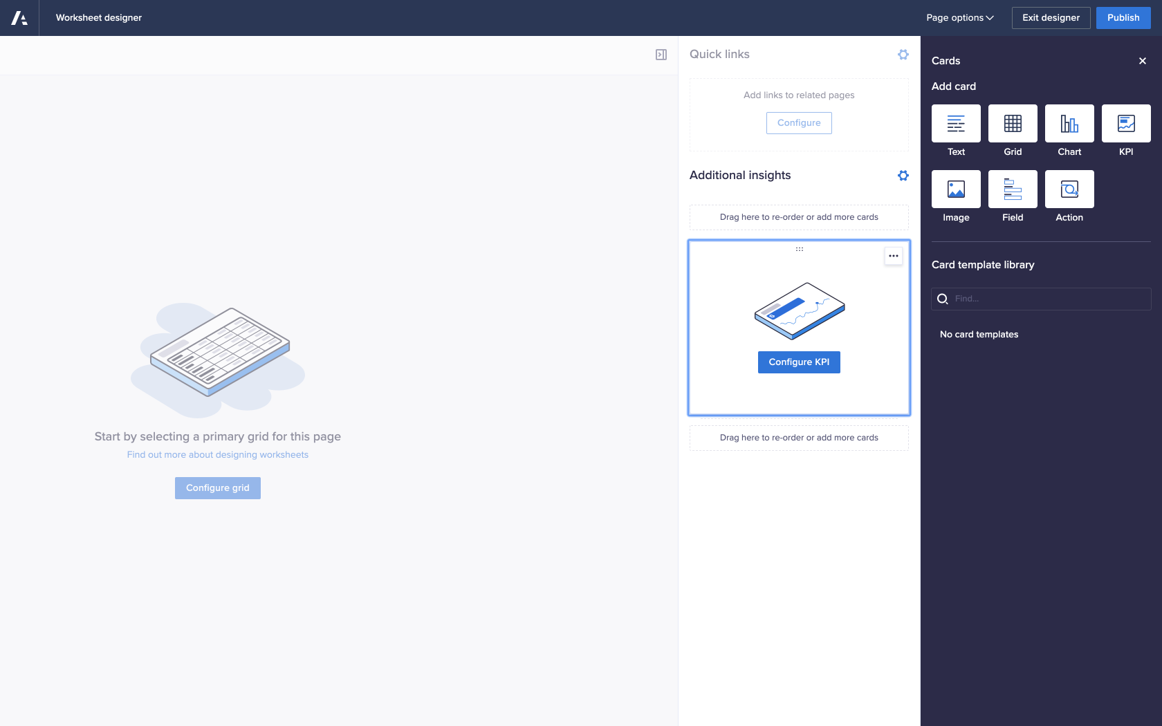Worksheet in designer mode. A button reading Configure KPI displays in the Additional insights panel on the right.