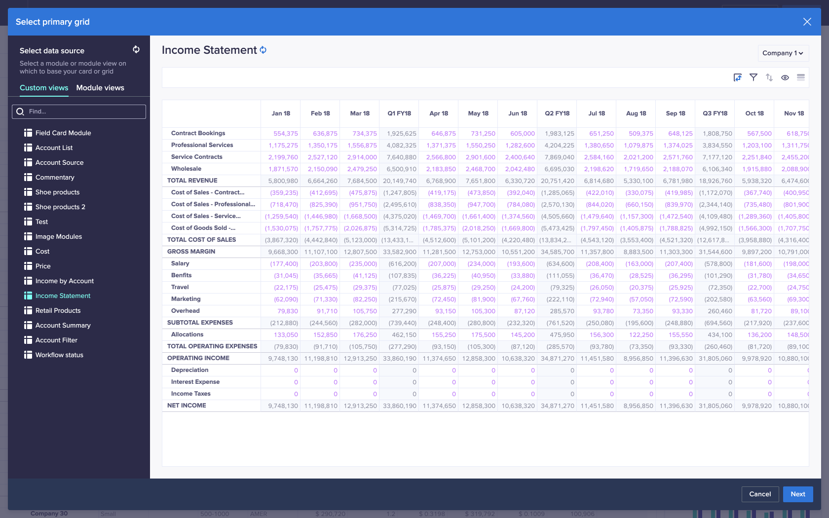 Select primary grid dialog. Custom views is selected in the left panel. The module selected in Custom Views displays in the center screen.