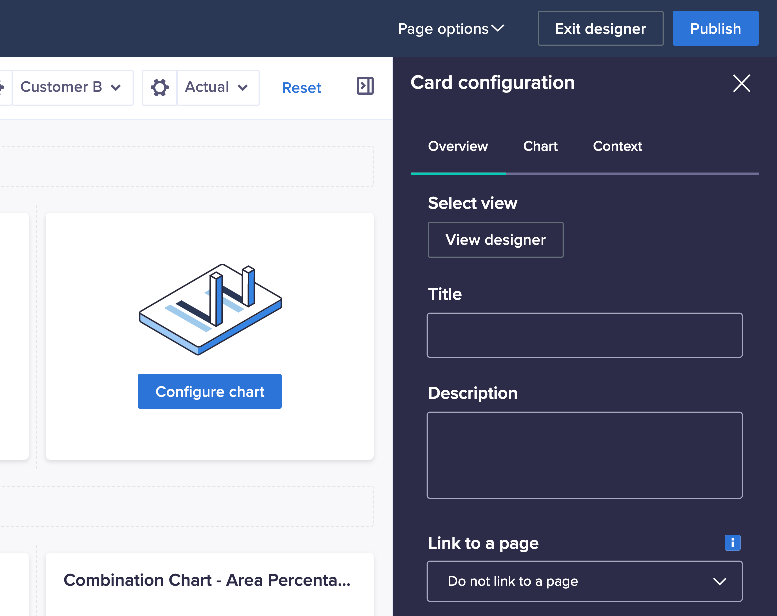 On an empty card, the Configure chart button was clicked to display the Card configuration on the right of the page. The Overview tab is active.