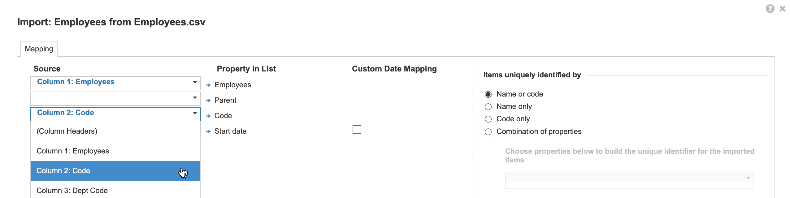 The Import dialog Mapping tab. A Source dropdown is open and displays selection of the Code column to map to the Core property.