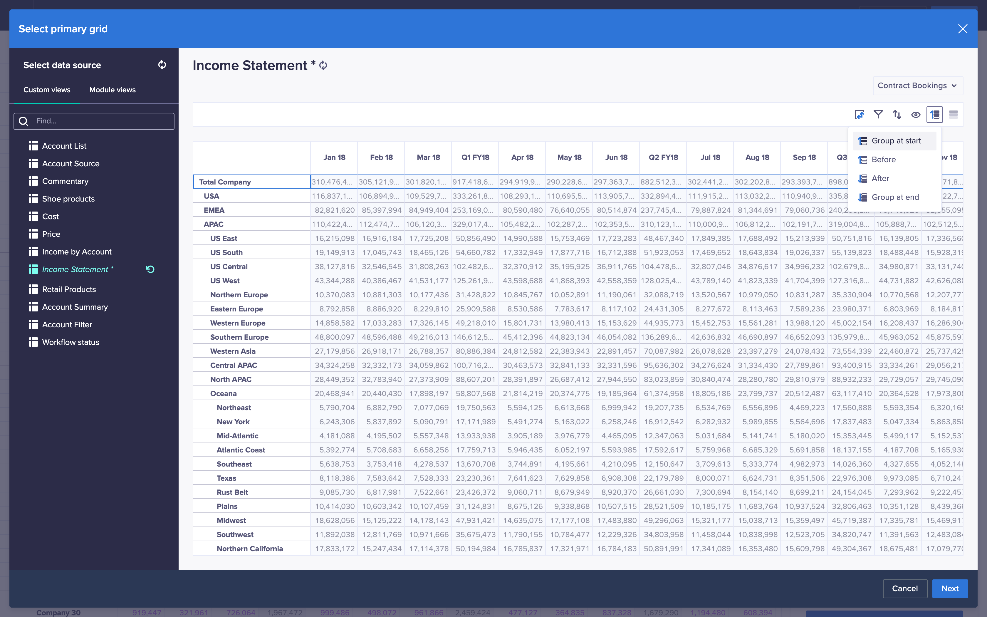 The Select primary grid dialog. A module called Income Statement is selected, and the Totals position icon clicked. The Group at start option is selected in the drop-down menu.