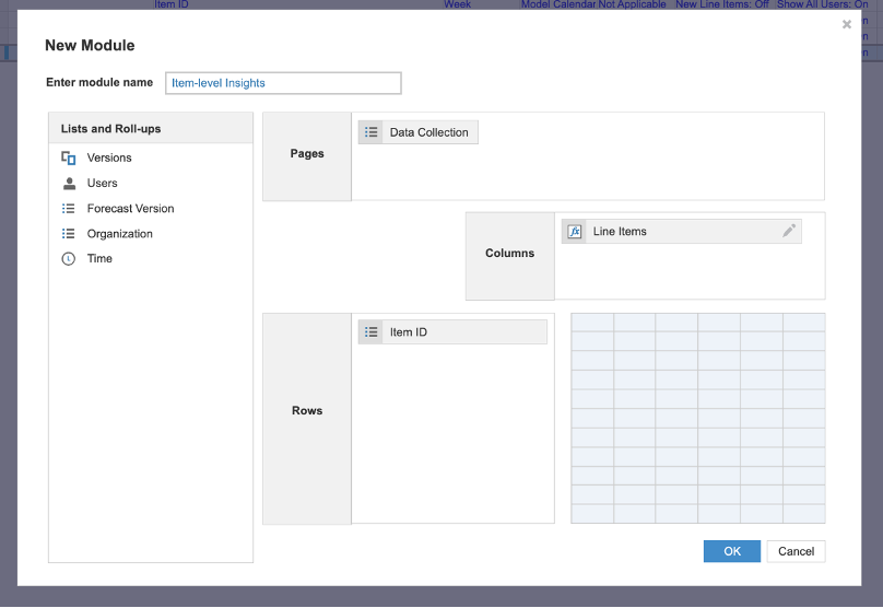The setup for a new Item-level Insights module with dimensions.