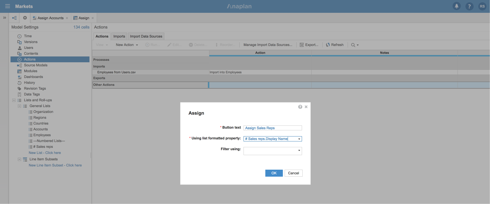The Assign dialog. There are fields for Button text, Using list formatted property, and Filter using.