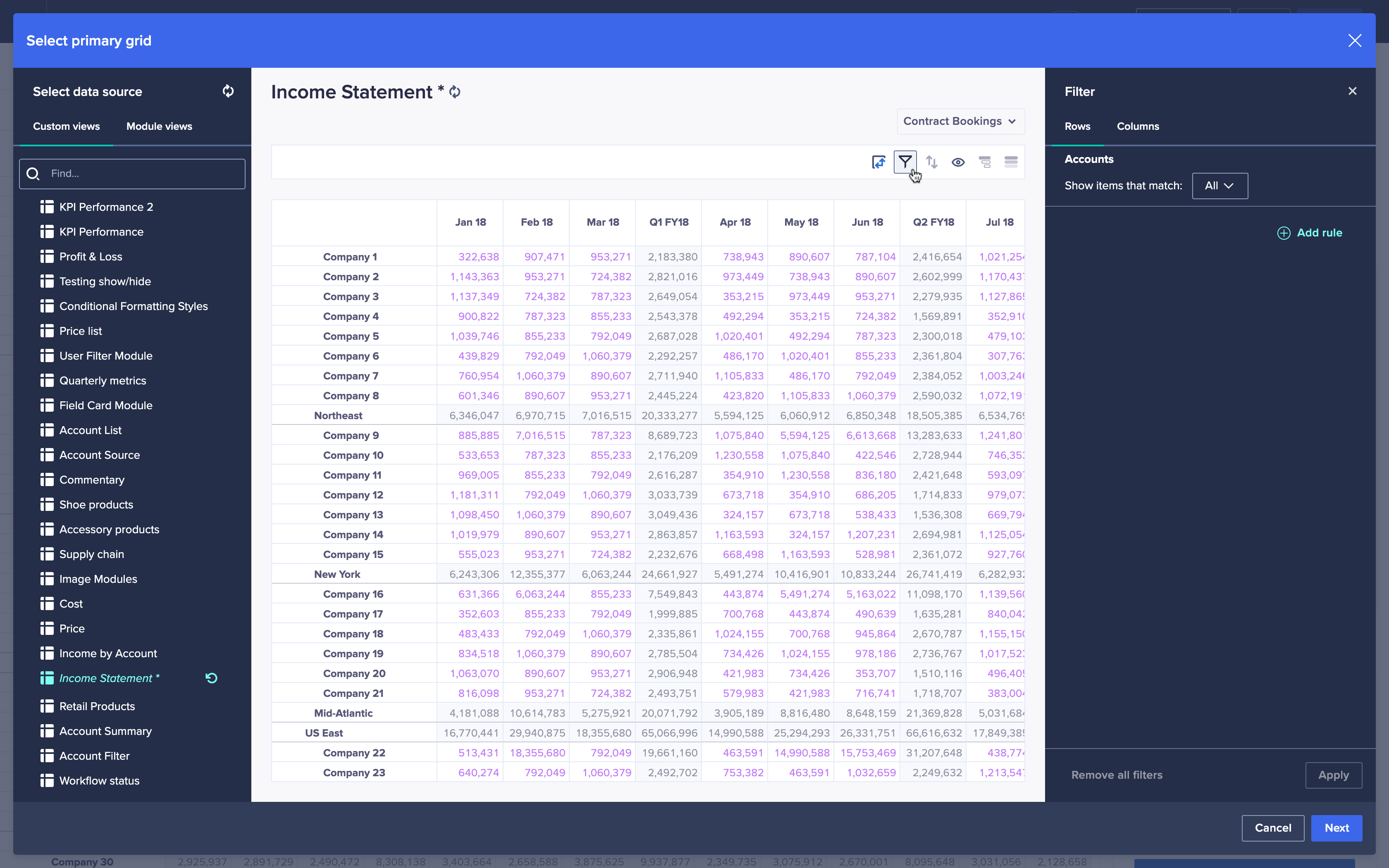 The Filter dialog displays to the right of the Select primary grid dialog. The mouse pointer is hovered over the Filter icon on the grid toolbar.