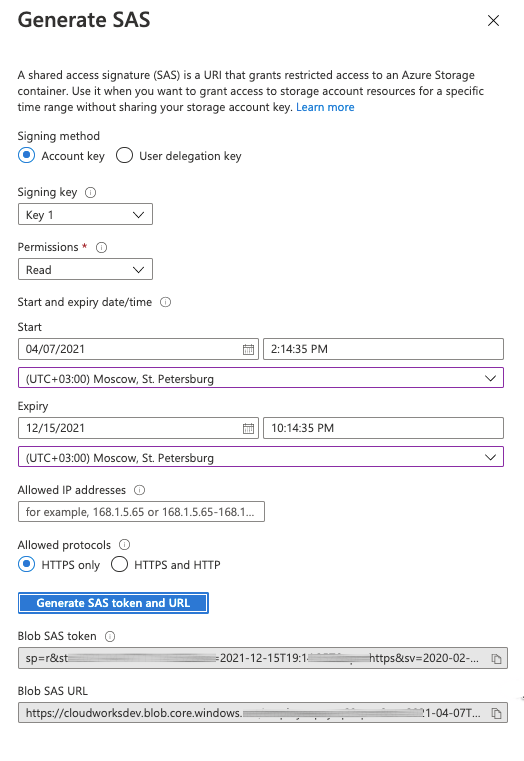 Container SAS dialog with SAS token and URL blurred.