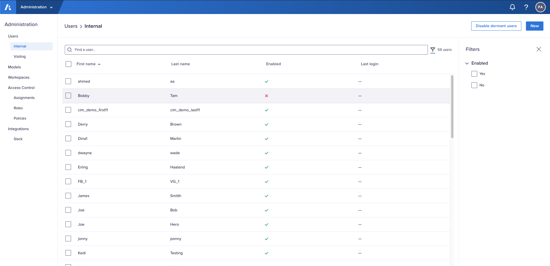 The Users > Internal interface. A list of internal users displays.  The filters panel shows in the right-hand side.