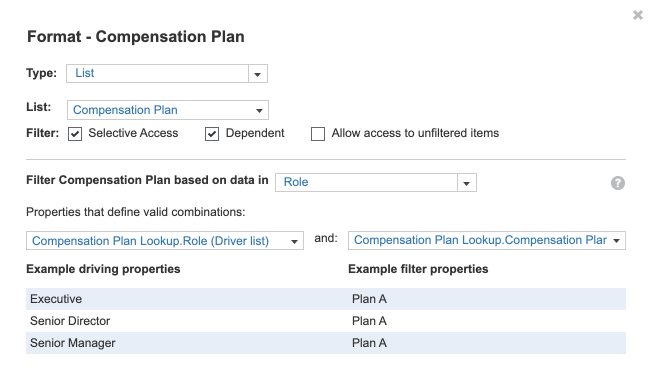 [Format] ダイアログに「Compensation Plan」ライン アイテムの [Selective Access] オプションと [Dependent] オプションが表示されています。