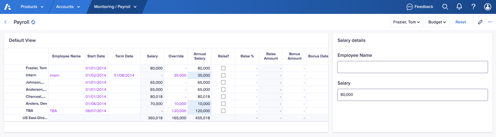 A board displays with a grid and a field card. The grid contains employee salary information. The field card is labelled Salary details and displays fields for Employee Name and Salary.