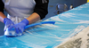 Hands with blue brush, scrubbing conveyor belt during wet cleaning