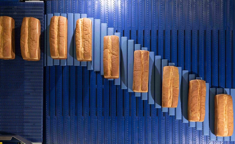 Loafs of bread on Intralox AIM Glide conveyor