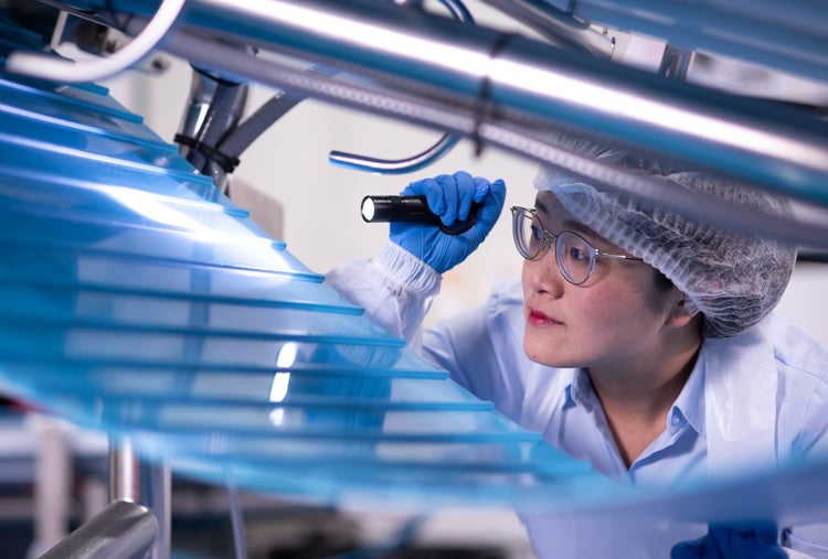 Woman inspecting conveyor