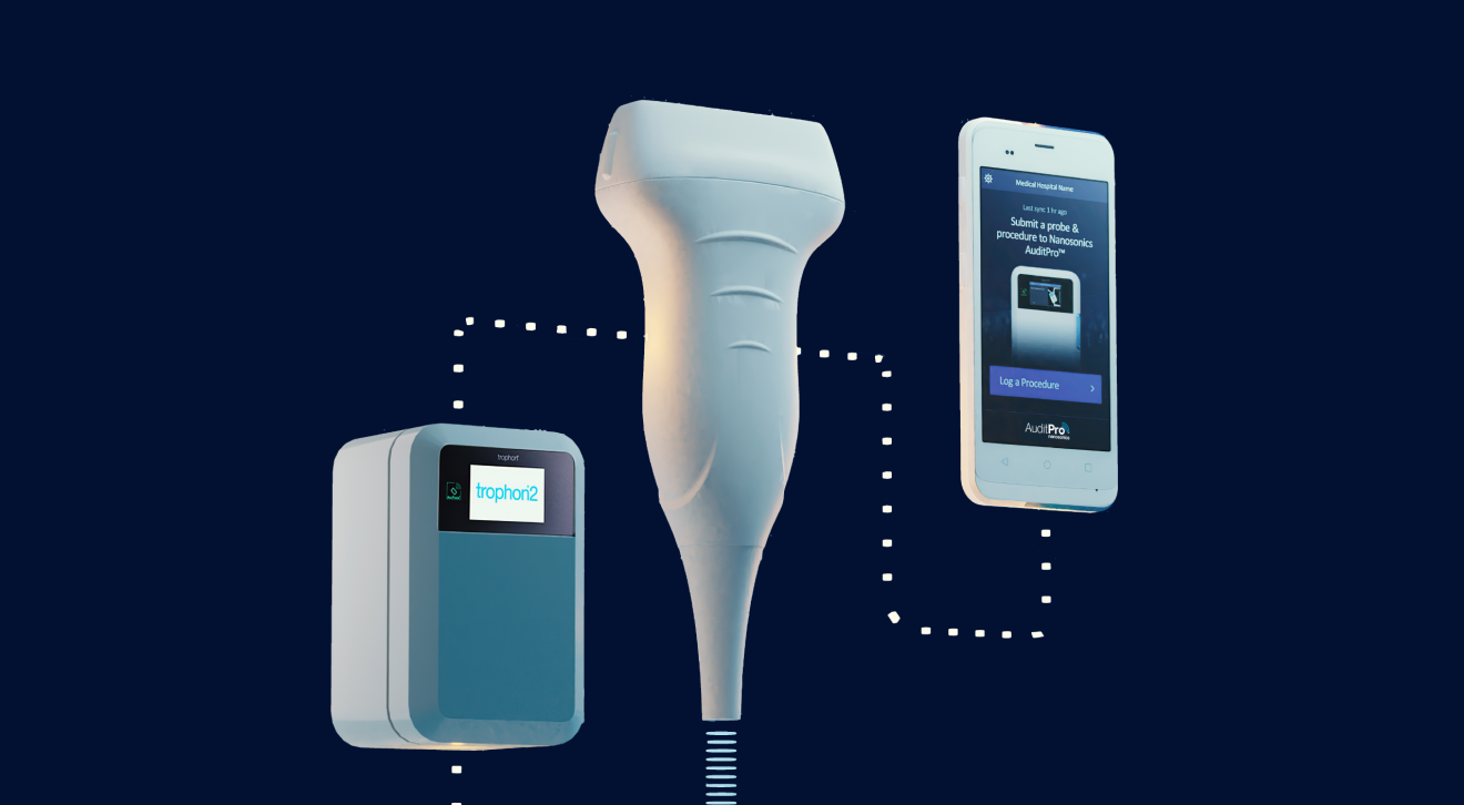 Trophon device, ultrasound probe and mobile phone with AuditPro app