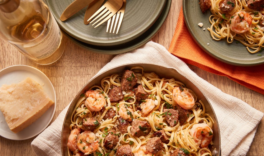 Spicy Sicilian Meatballs and Gulf Shrimp with Linguini