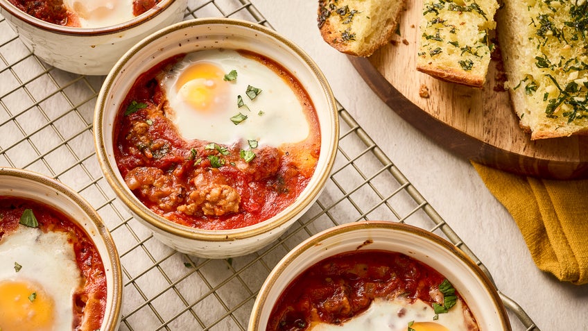 Baked Eggs with Toscano Ground Sausage and Garlic Toasts