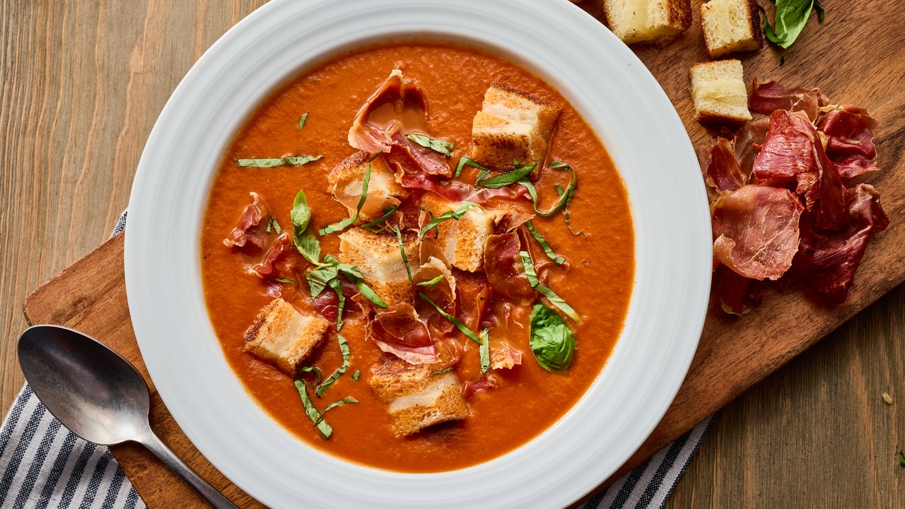 Tomato Soup with Grilled Cheese Croutons and Prosciutto