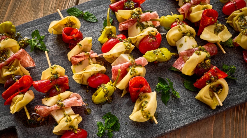 Antipasto and Tortellini Skewers with Pistachio Mint Pesto