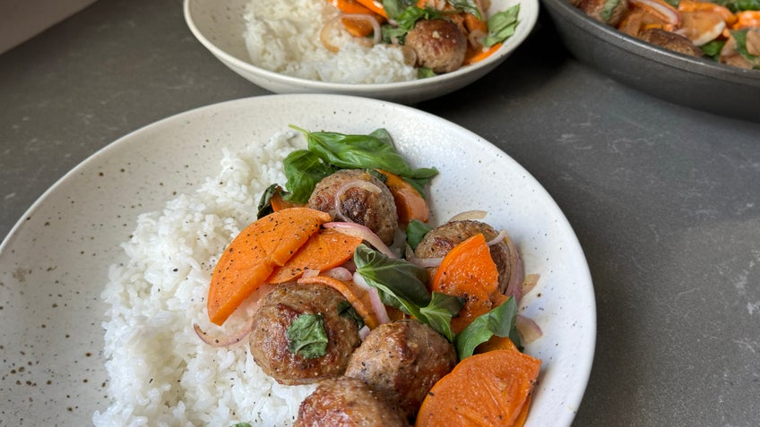 Skillet Meatballs with Persimmon, Basil and Lime