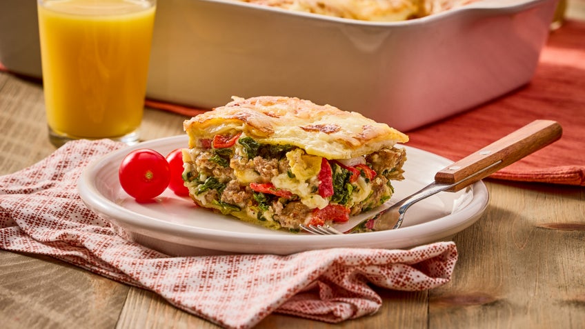 Breakfast Lasagna with Toscano Ground Sausage