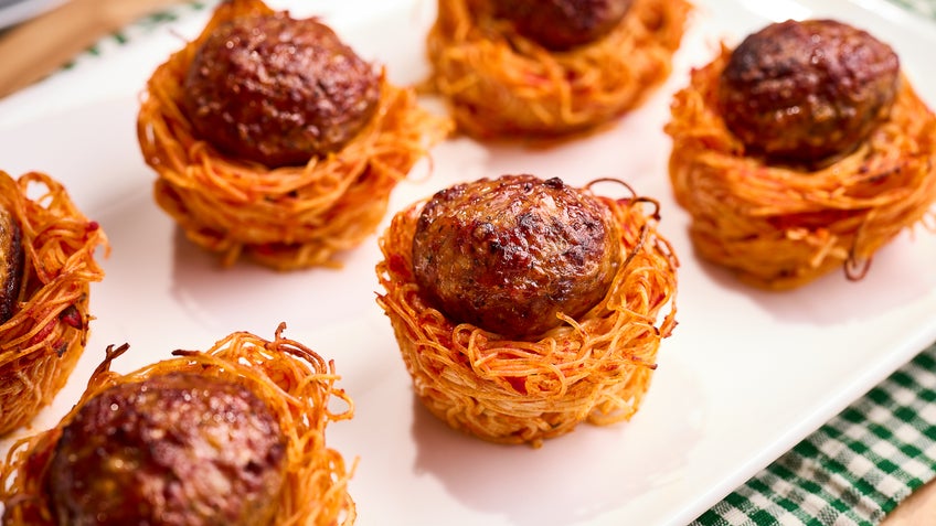 Pasta Nests with Mozzarella Rustica Meatballs
