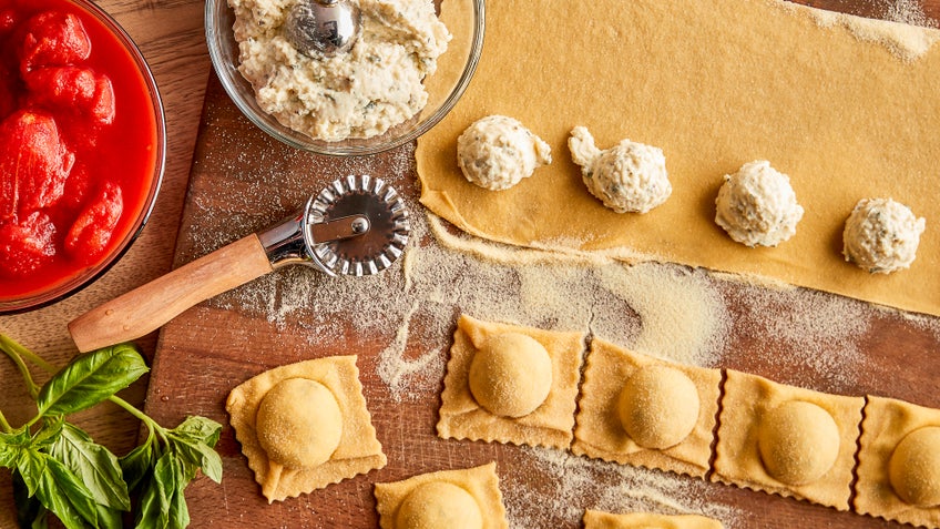 Homemade Three Cheese Ravioli with Sweet Italian Sausage