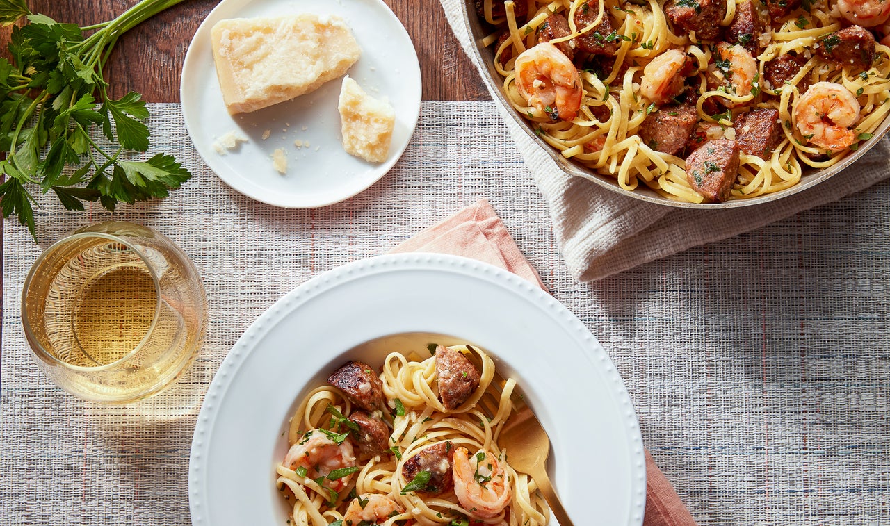 Spicy Sicilian Meatballs and Gulf Shrimp with Linguini