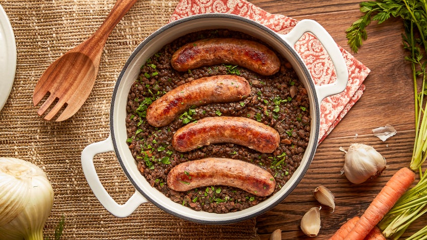 Braised Black Lentils with Sweet Italian Sausage