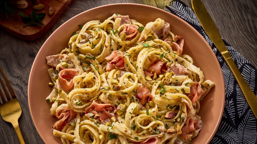 Creamy Fettuccine with Mortadella and Pistachios
