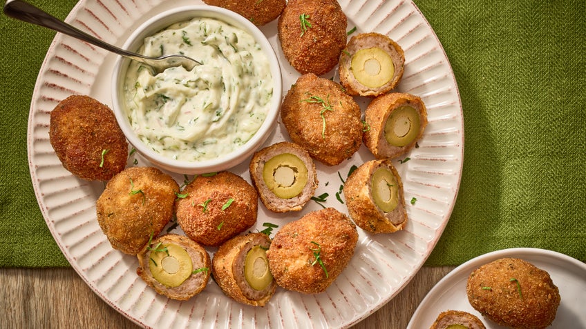 Crispy Abruzzese Scotch Meatballs with Gorgonzola-Stuffed Olives 